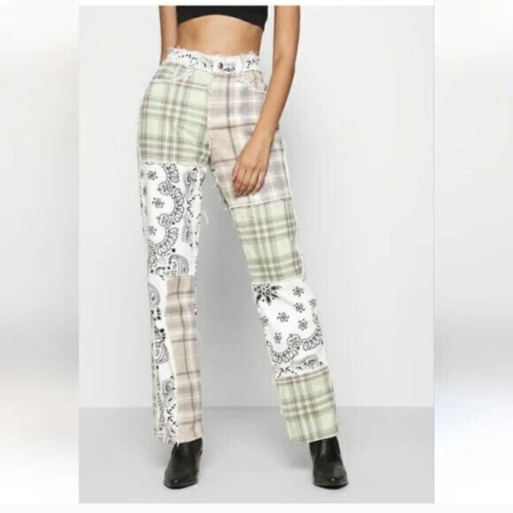 Jaded London Patchwork Plaid & Bandana Straight Leg Pants - Sage Green Size 24